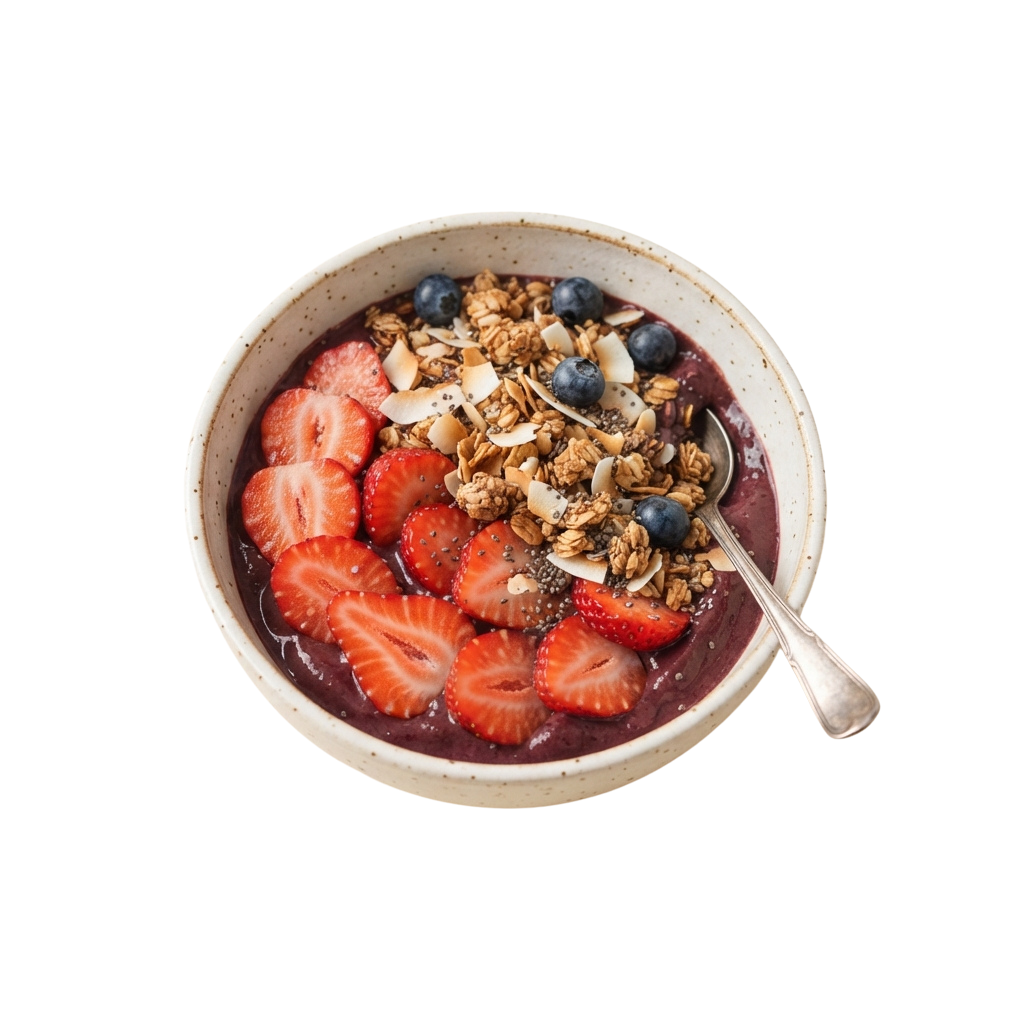 Bowl of berry overnight oats topped with sliced strawberries, granola, and blueberries