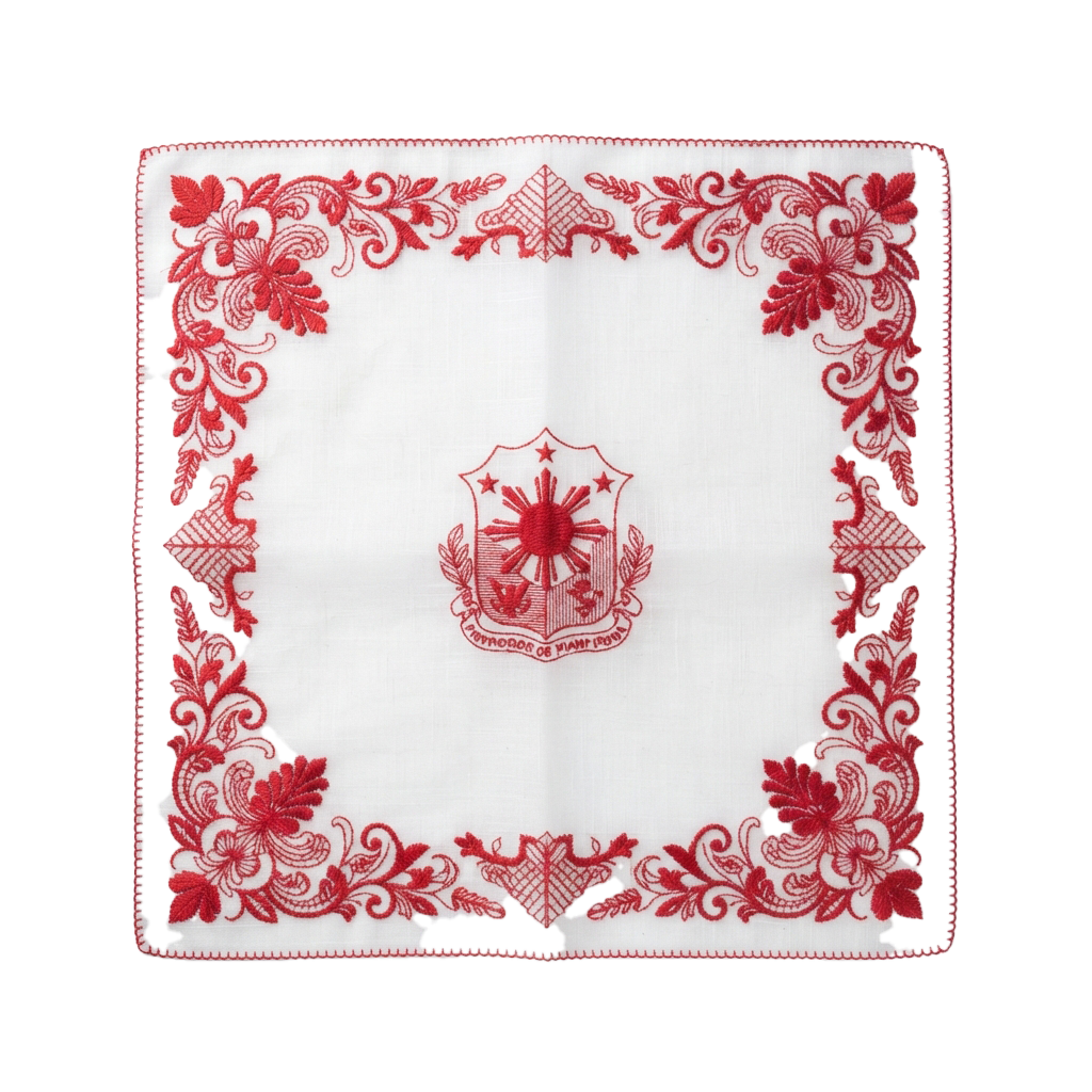 White lace handkerchief with red embroidery featuring the Philippine coat of arms in the center