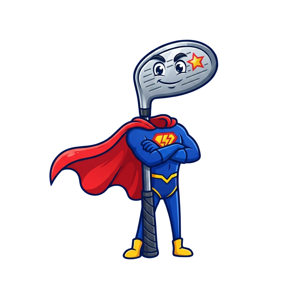 A cheerful superhero with a golf club head as its head, wearing a red cape and blue suit, standing confidently.