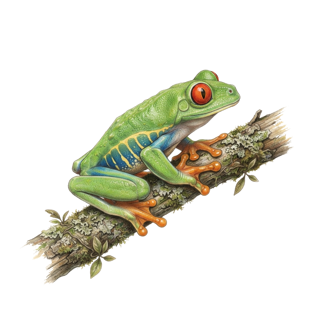 A vibrant green tree frog with red eyes perched on a moss-covered branch.