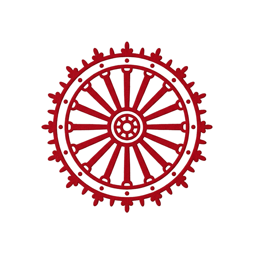 A red circular gear with sharp outer spikes and internal radial spokes against a black background