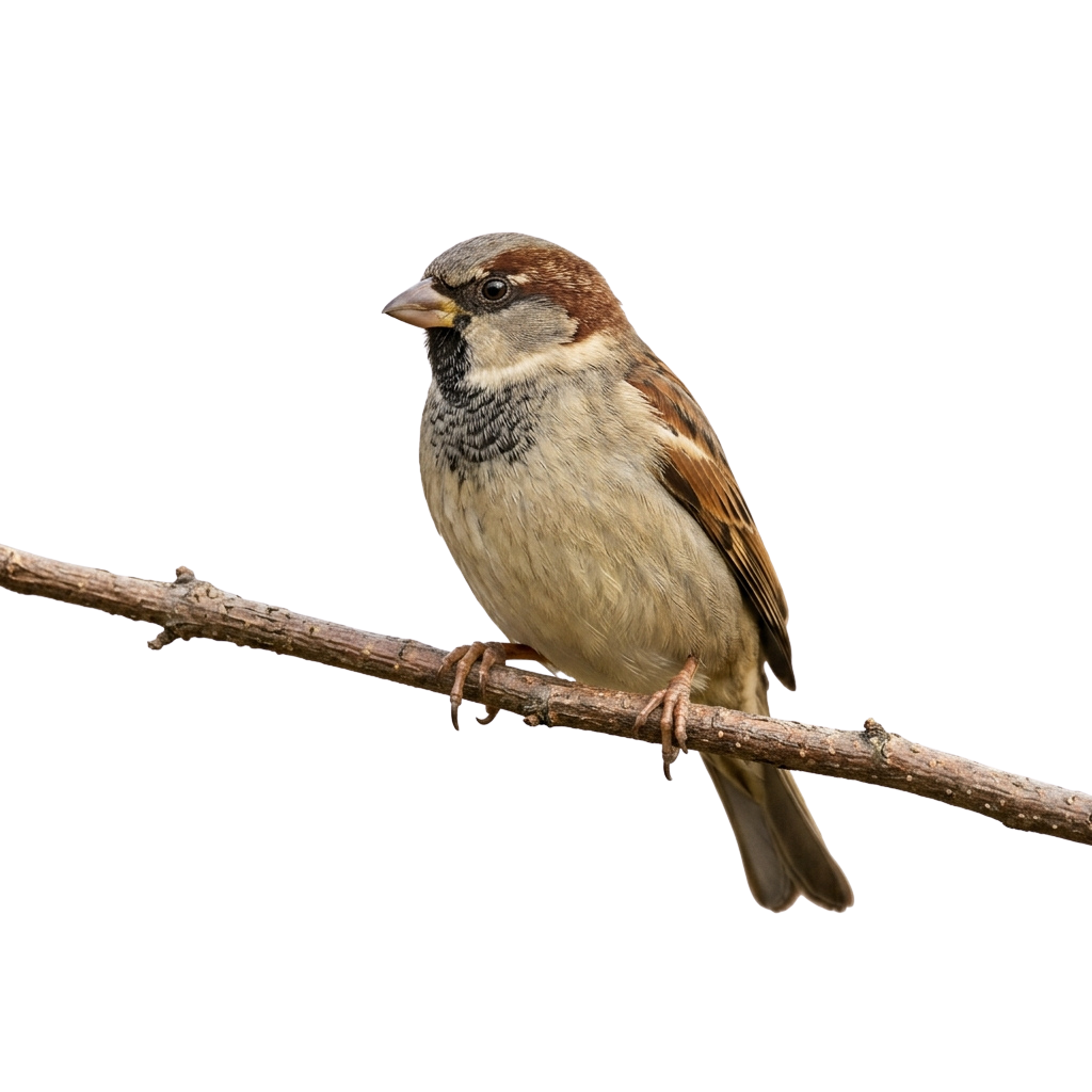 A small sparrow with brown and white feathers sitting on a thin branch