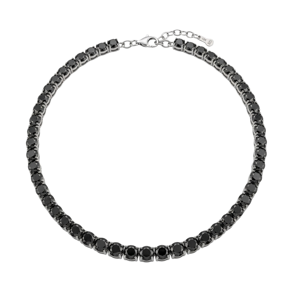 A silver bracelet adorned with round black diamonds set in a repeating pattern.