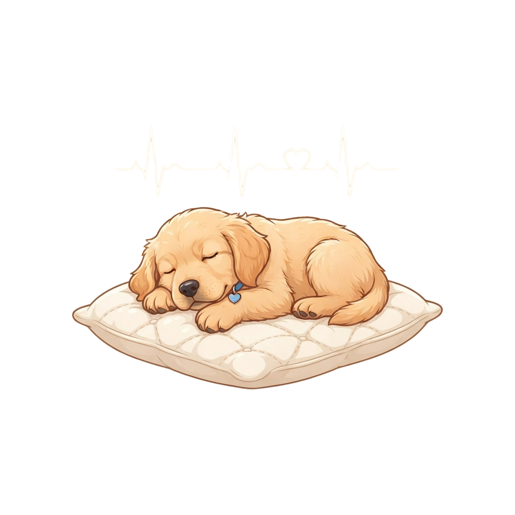 A cute sleeping puppy curled up on a white pillow with a heartbeat symbol above it
