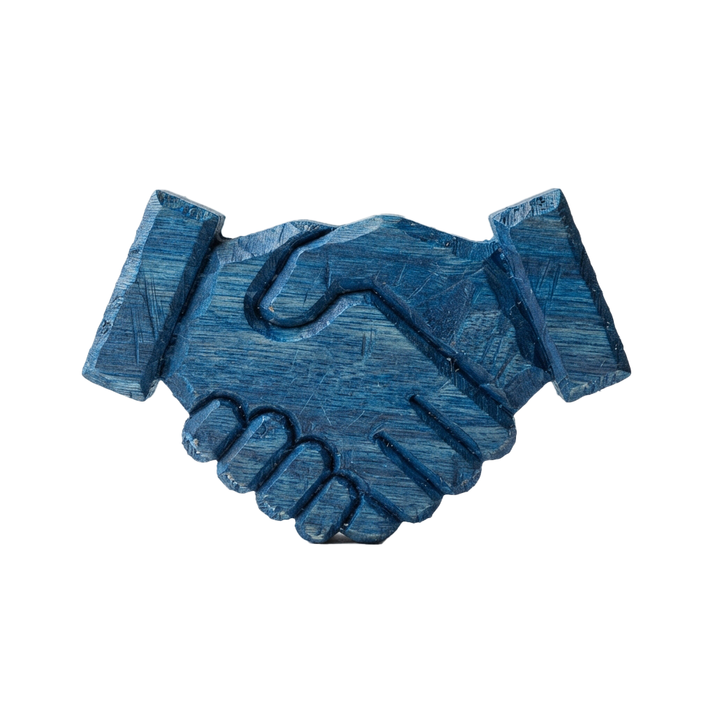 Two hands shaking in a 3D blue textured graphic design on a dark background