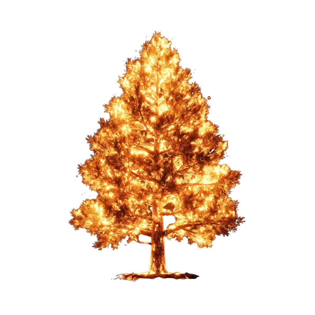A coniferous tree fully lit with warm yellow lights against a dark background