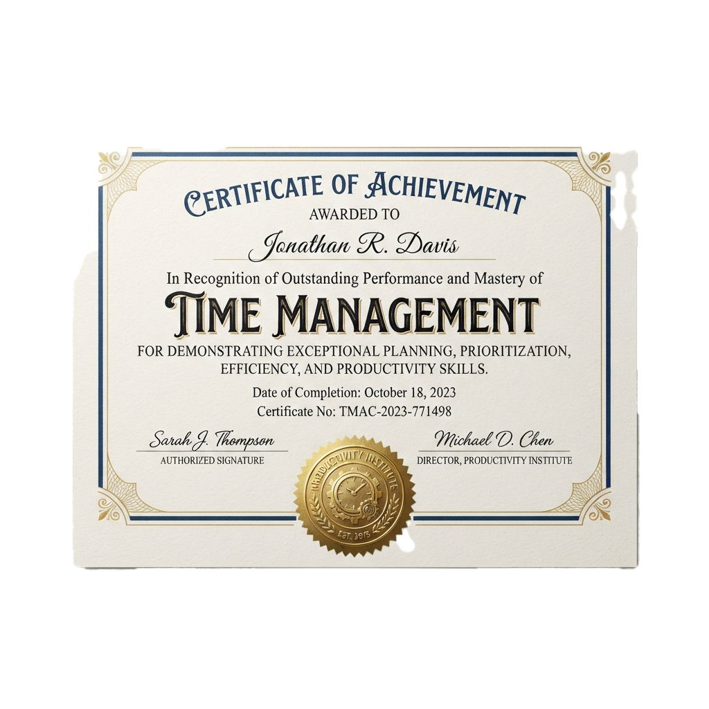 Certificate of achievement for time management skills with gold seal and signatures