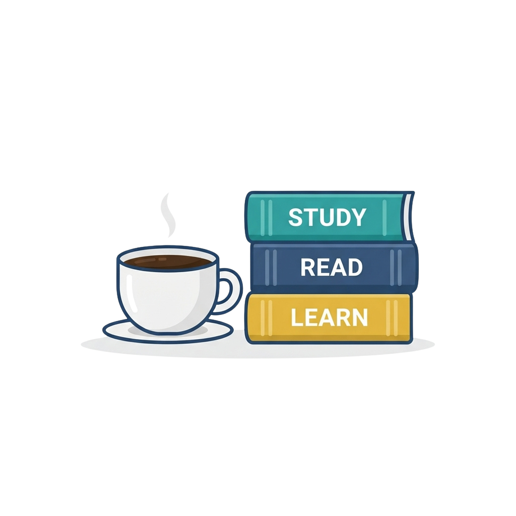 A white coffee cup with steam next to three stacked books labeled Study, Read, and Learn