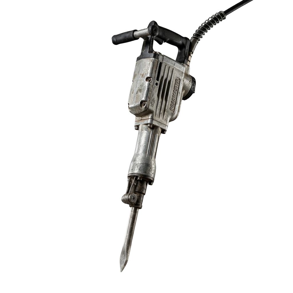 A robust demolition hammer tool with a metal chisel attachment and coiled power cord.