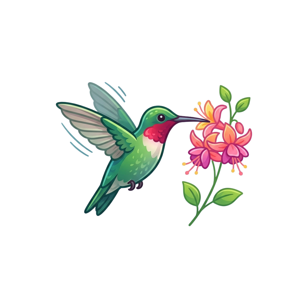 A vibrant hummingbird with green and blue feathers feeding from a pink and orange flower with green leaves