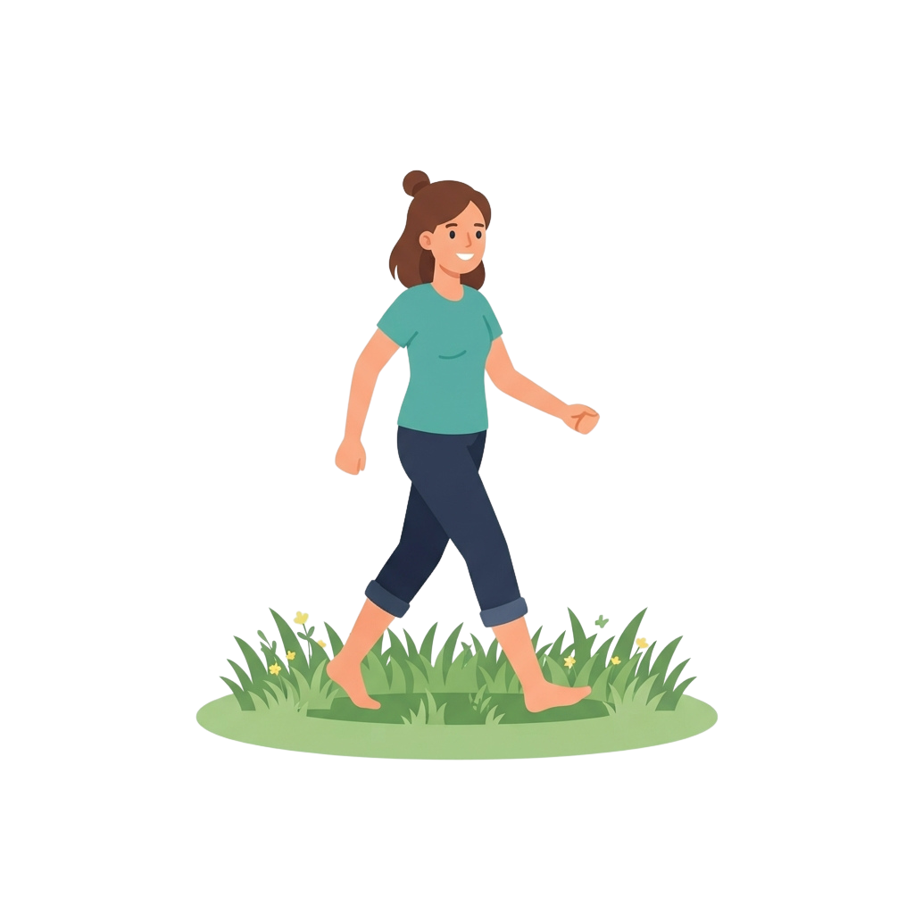 A smiling woman walking barefoot on a patch of green grass with small flowers.