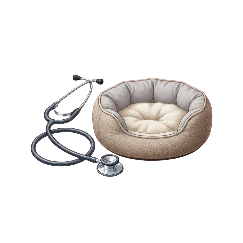 A stethoscope placed next to a beige pet bed on a black background.