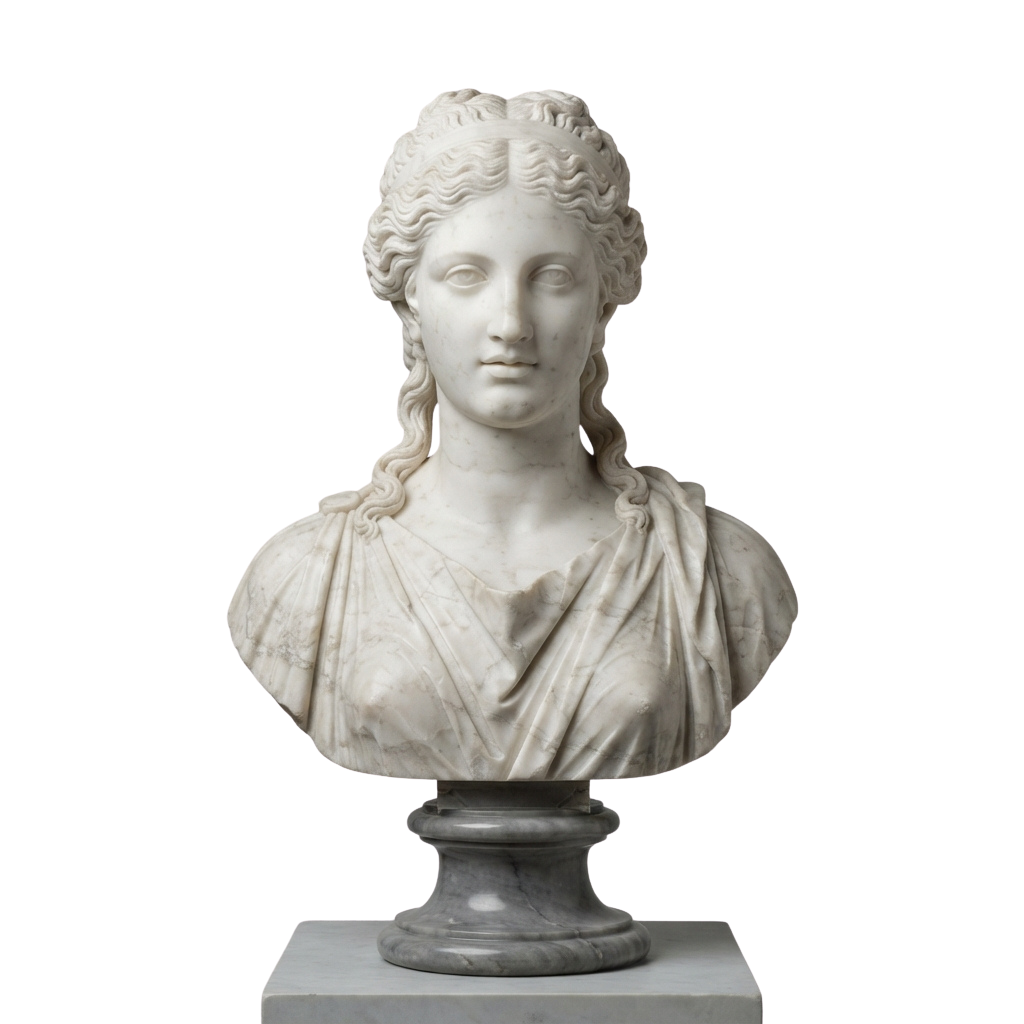 Marble bust of a woman with curly hair draped in a classical garment