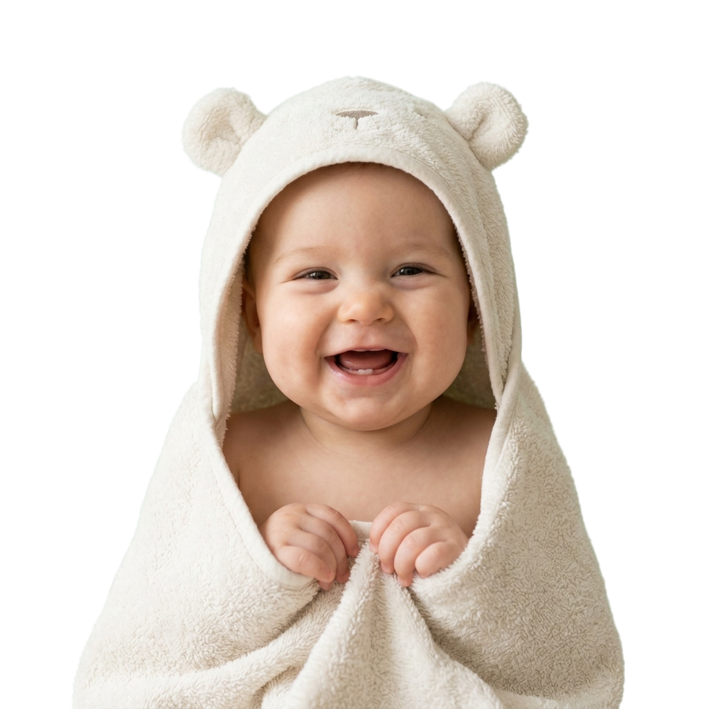 Smiling baby wrapped in a hooded towel with bear ear shapes on the hood