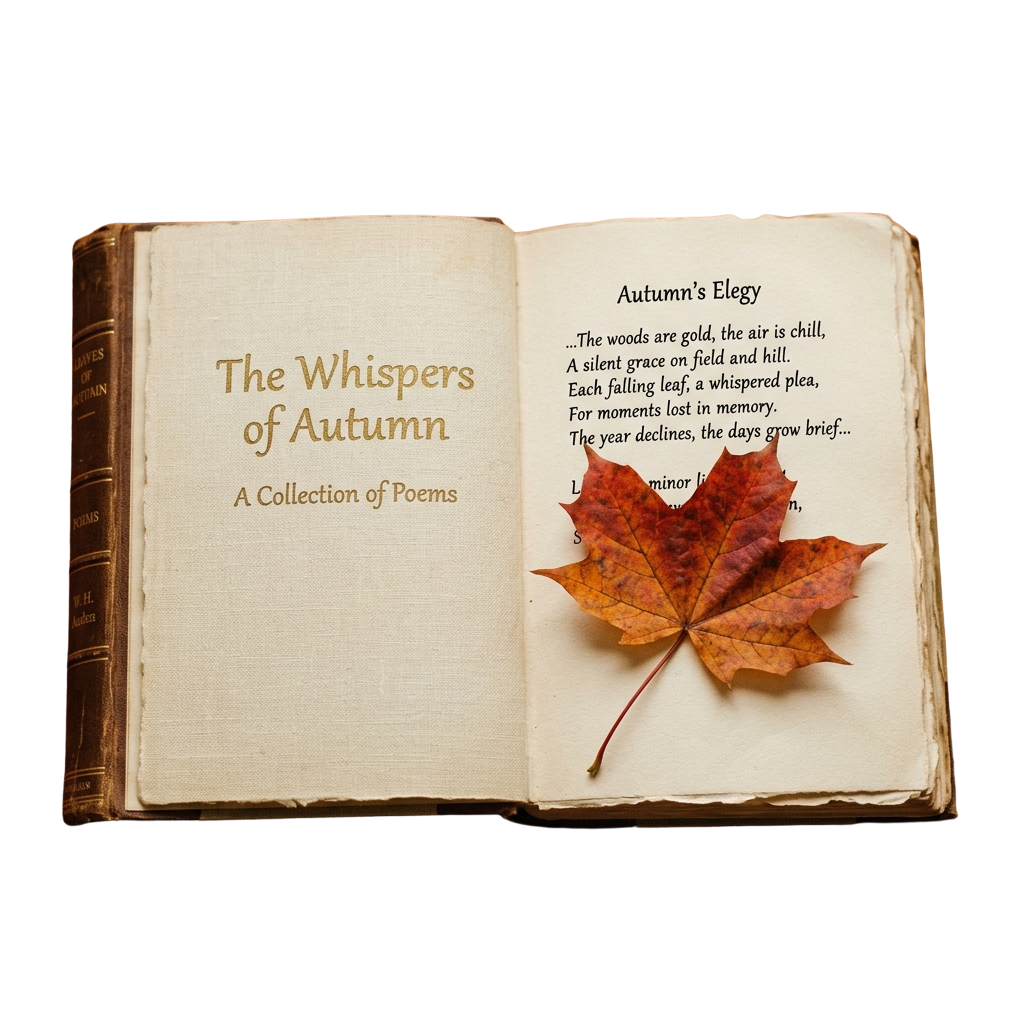 Open book titled The Whispers of Autumn showing a poem and a colorful autumn leaf on the page