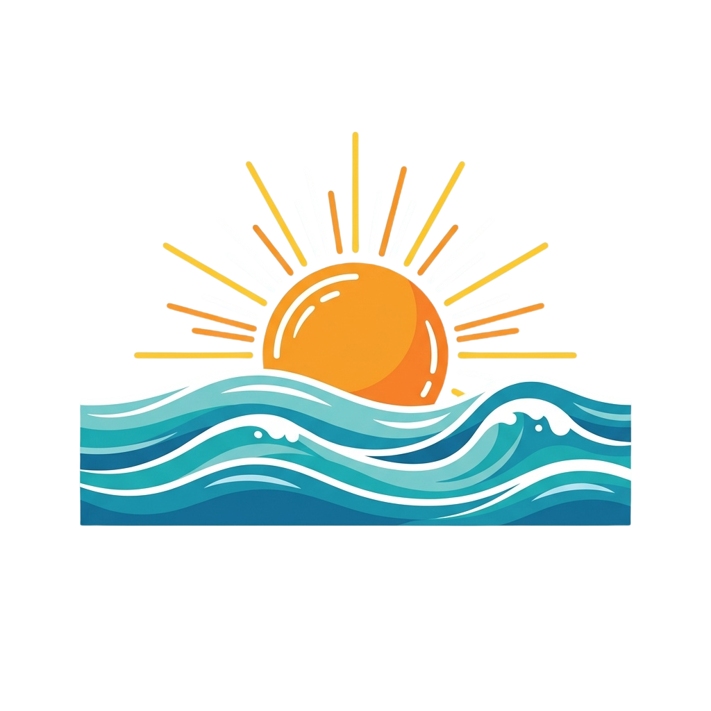 Illustration of a bright orange sun setting over wavy blue ocean water with rays extending outward