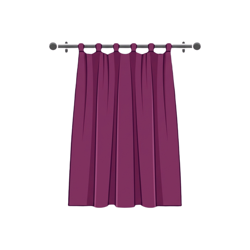 Purple floor-length curtains hanging on a metal rod against a dark background