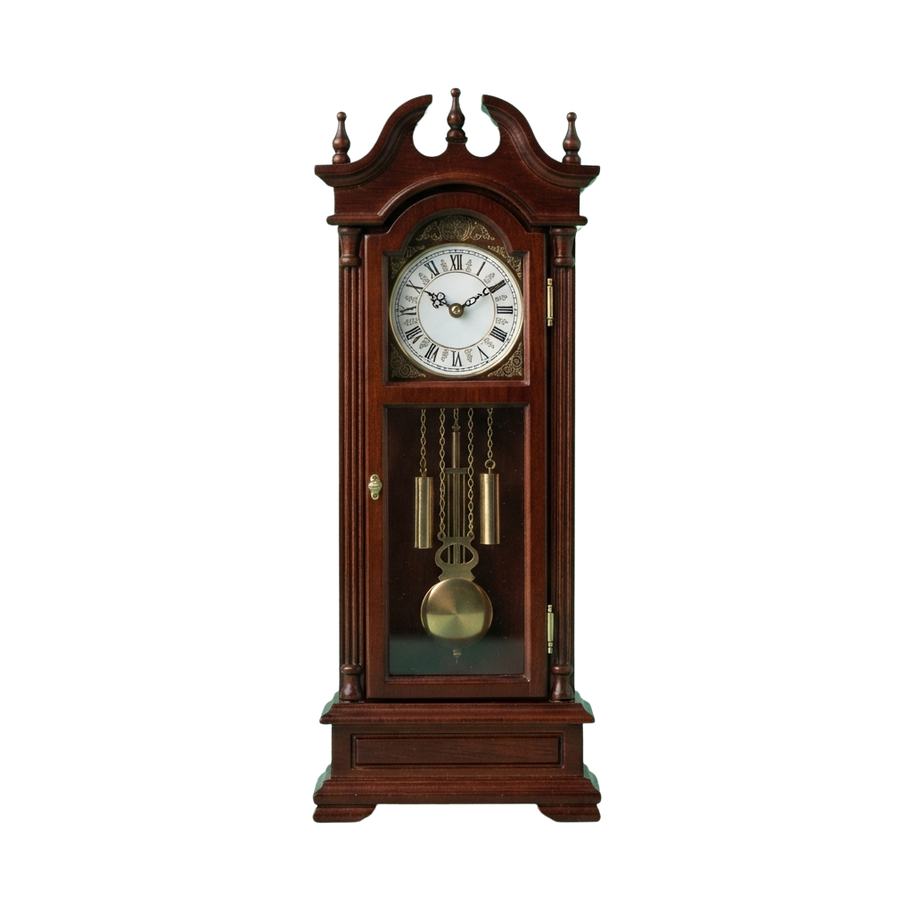 A tall wooden grandfather clock with a white face, black numbers, and a brass pendulum weight
