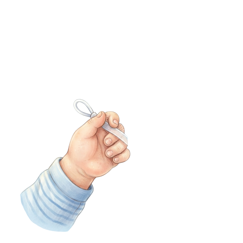 A hand gripping a pair of white earbuds featuring a loop on one end.