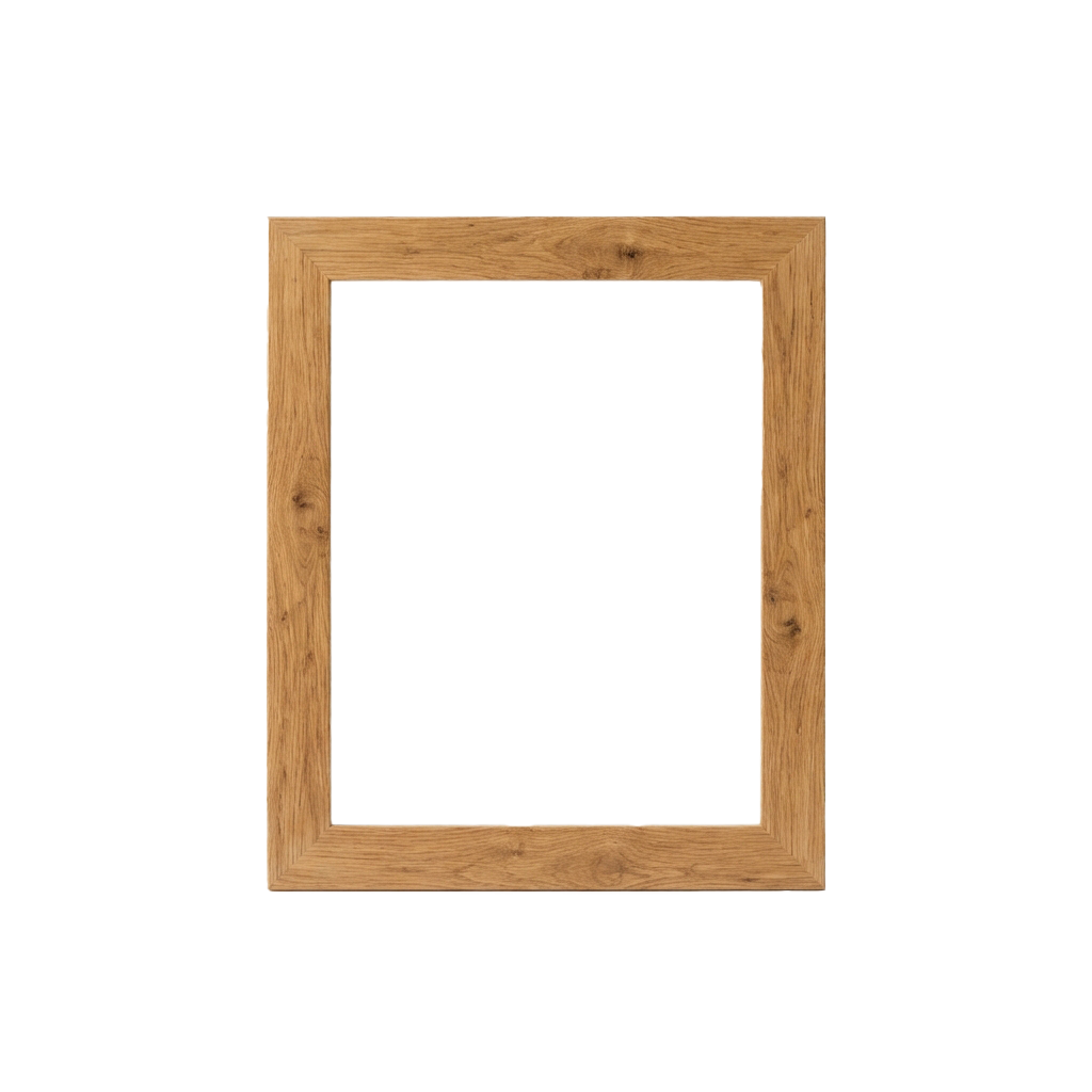 A plain wooden frame with a natural finish against a black background