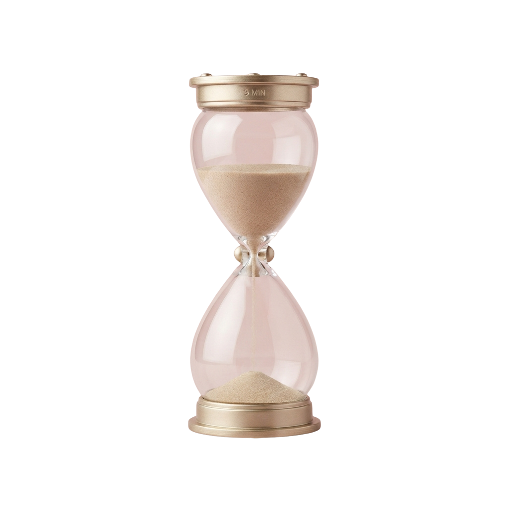 A gold-tone hourglass timer with sand flowing from the top bulb to the bottom, labeled 3 minutes.