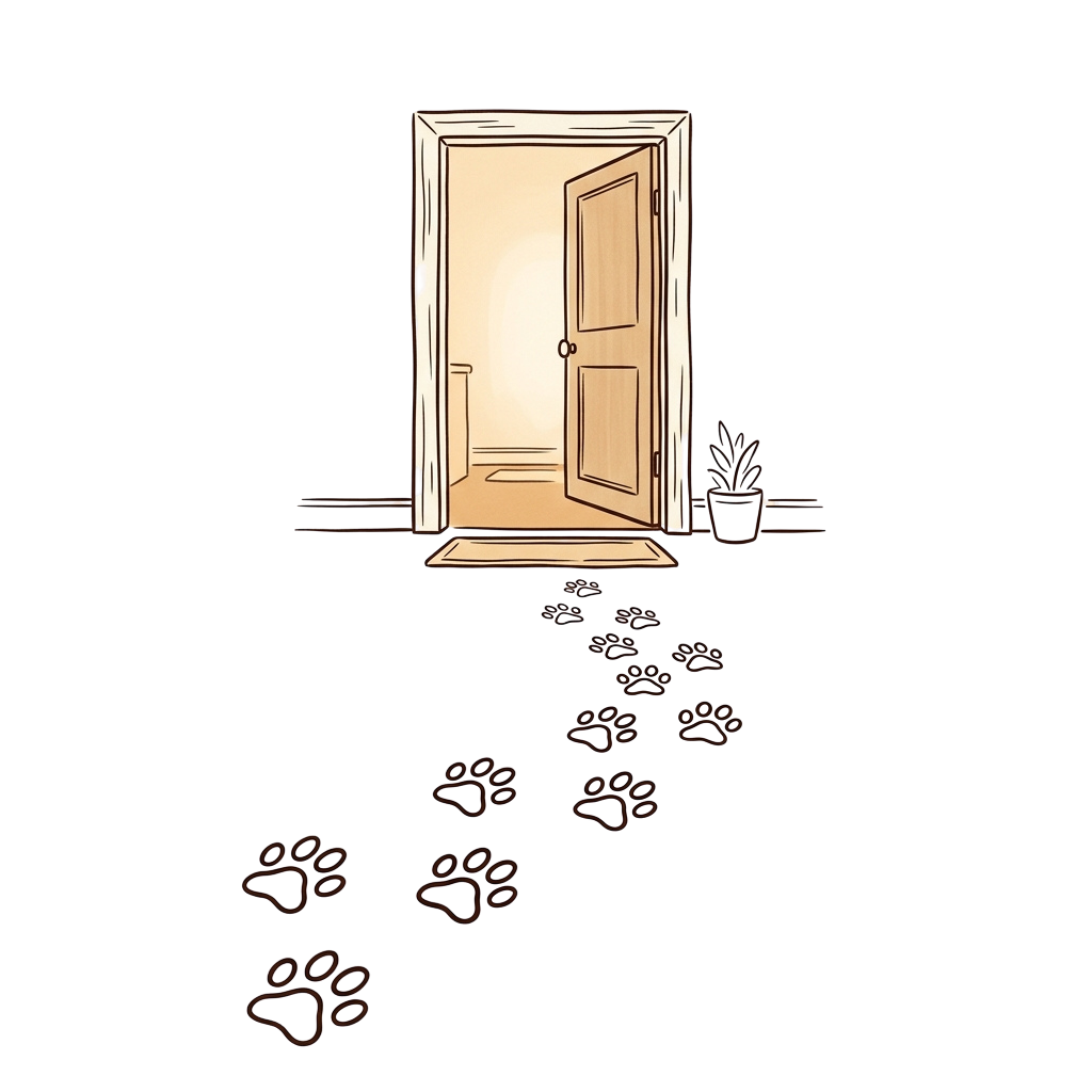 Open door with light inside and paw prints leading towards it on a dark background