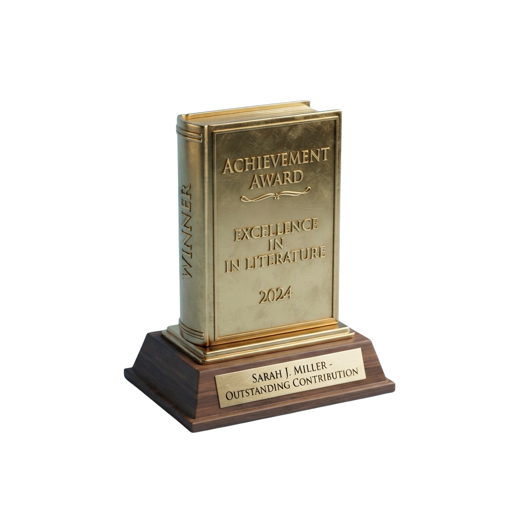 Golden book-shaped award on a wooden base for literary excellence in 2024