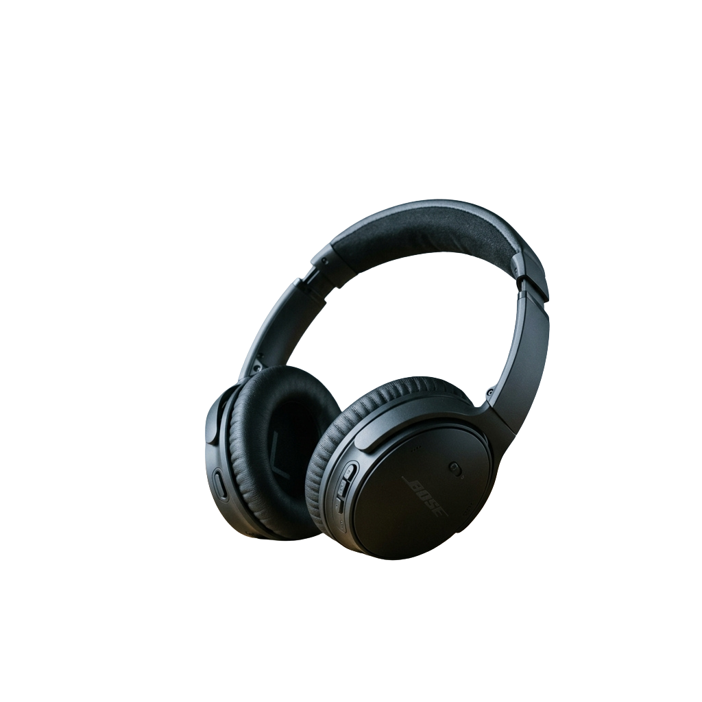 Black over-ear headphones with padded ear cups and adjustable headband