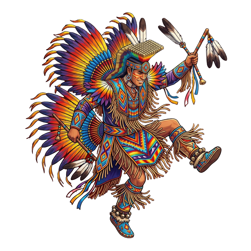 Colorful illustration of a Native American warrior in traditional dance attire with vibrant feathered headdress and regalia