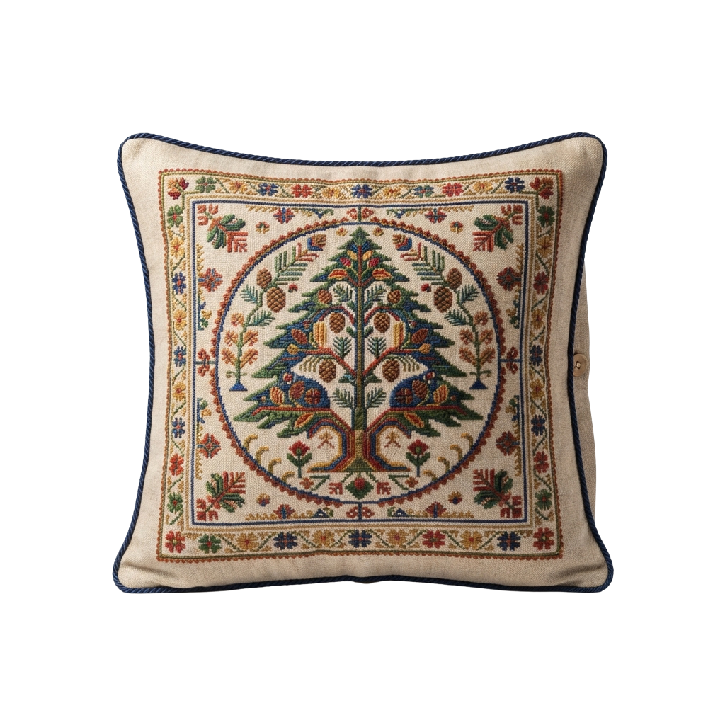Square pillow with colorful embroidered tree of life design framed by floral patterns