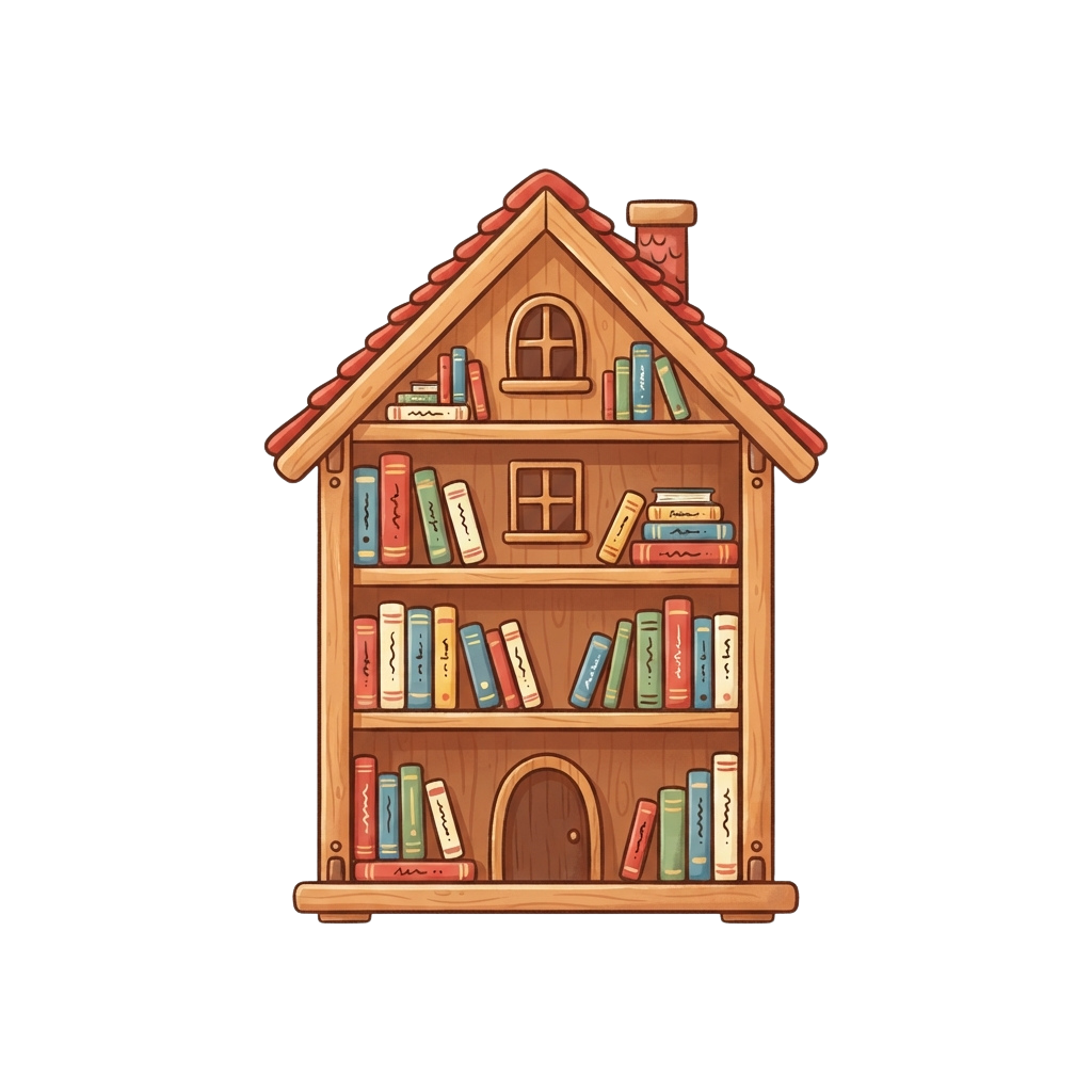 Illustration of a wooden bookshelf designed to look like a house filled with colorful books and small windows