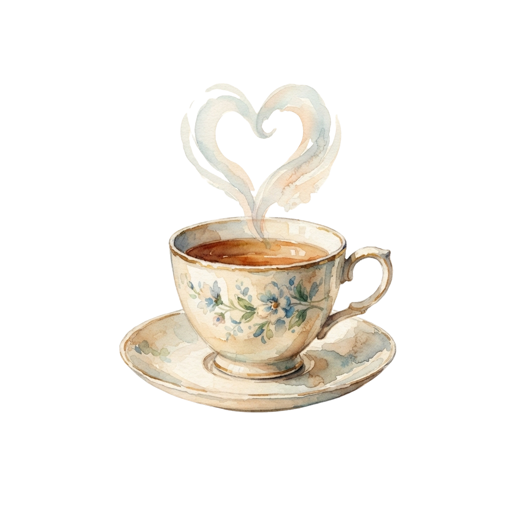 A decorative teacup with floral patterns emitting steam forming a heart shape