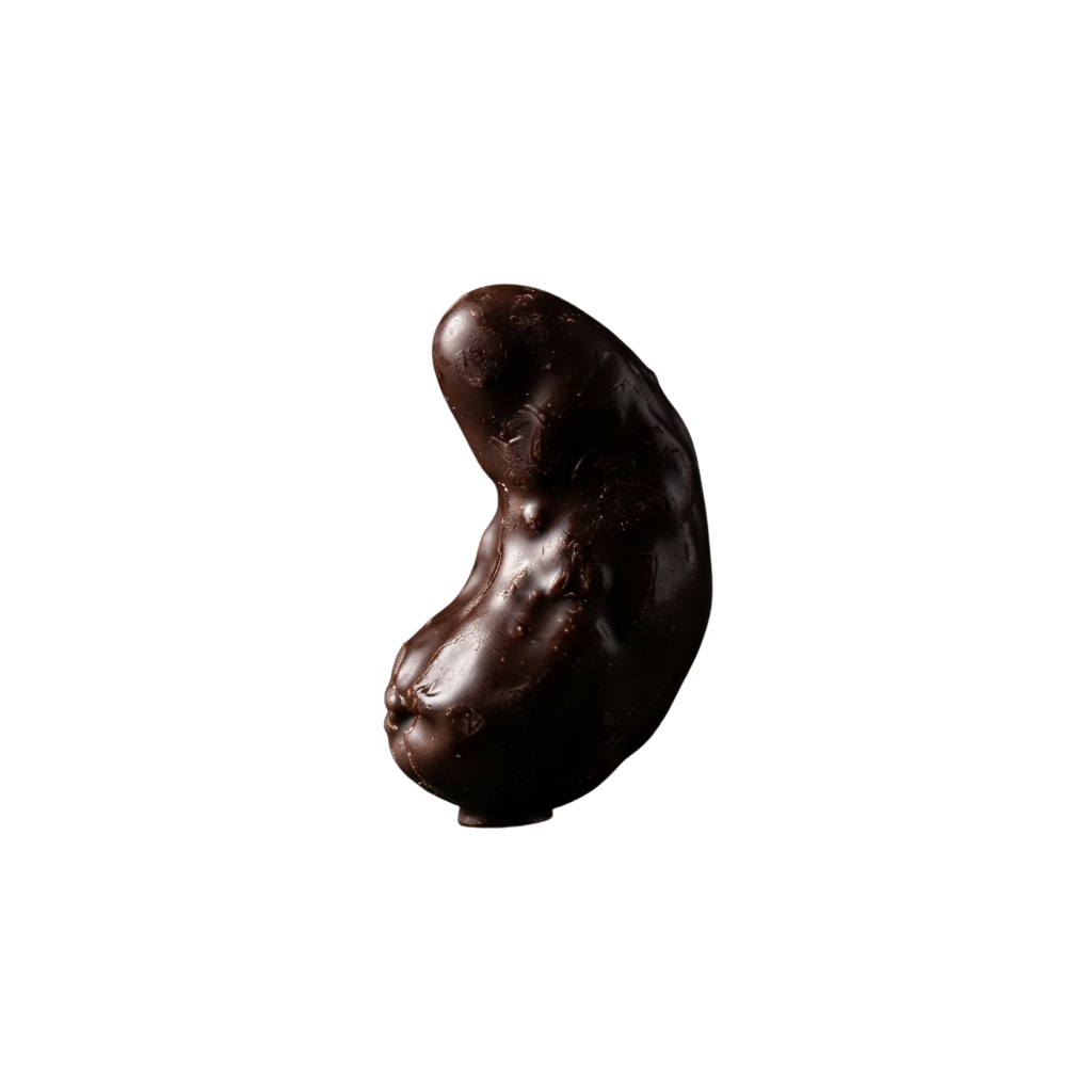 A glossy dark chocolate truffle with a slightly irregular shape and smooth surface.