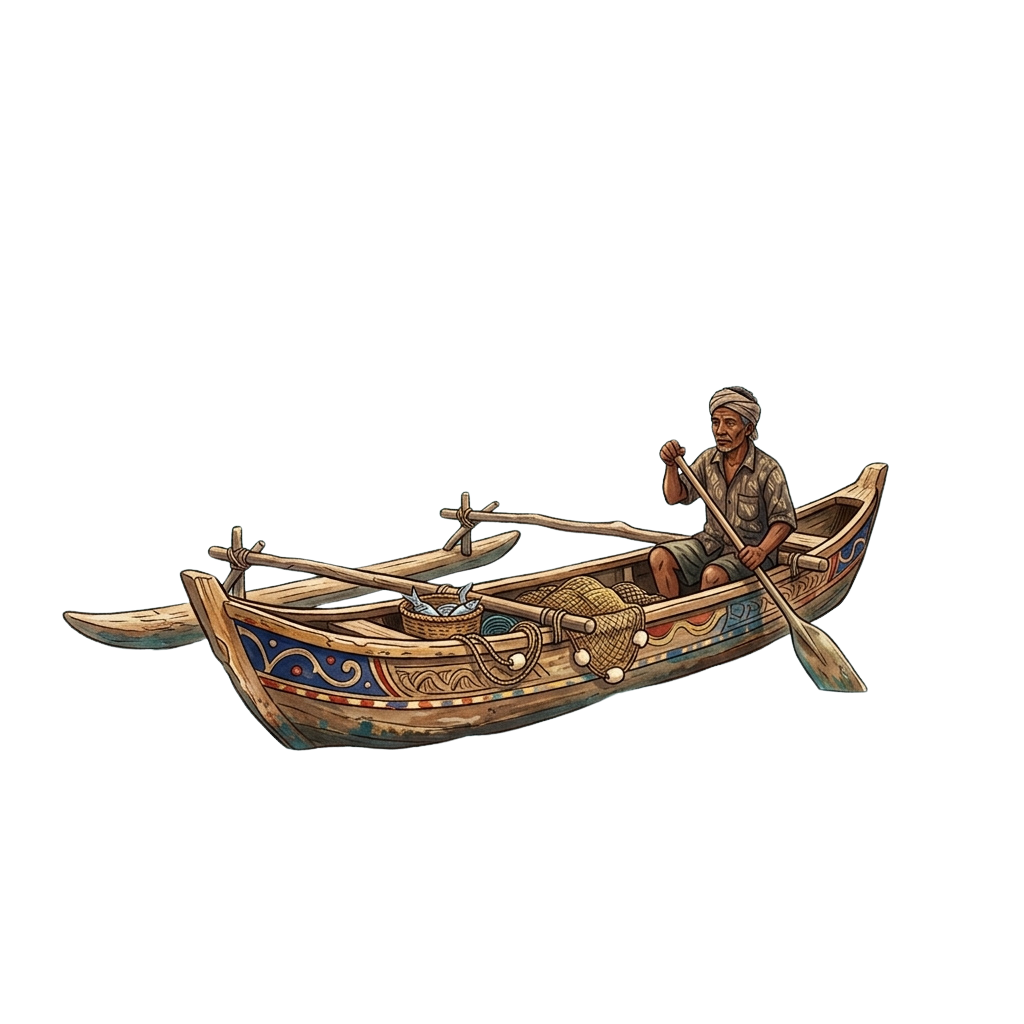 A person paddling a decorated wooden canoe with intricate designs on the sides