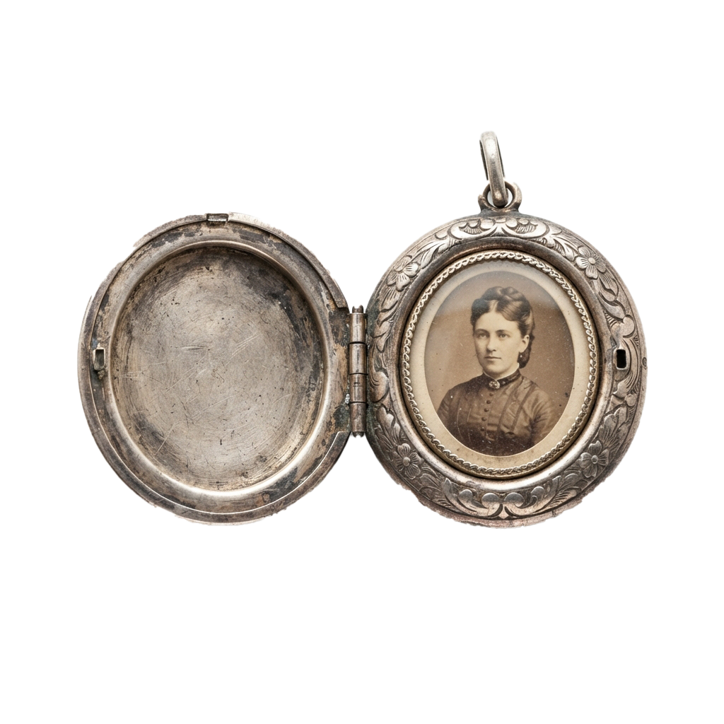 Open antique silver locket displaying a vintage photo of a woman in period attire