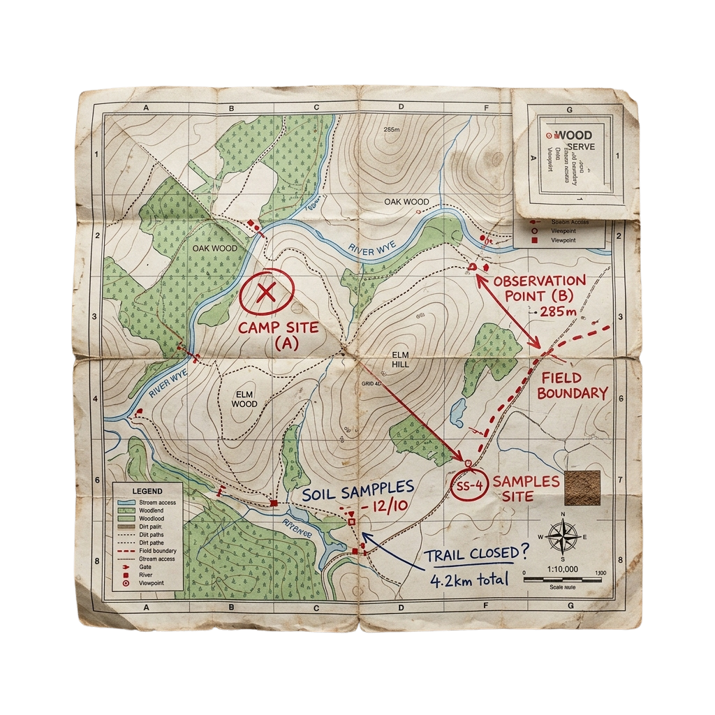 Old map showing a woodland trail with marked camp site, observation point, soil samples site, and field boundary