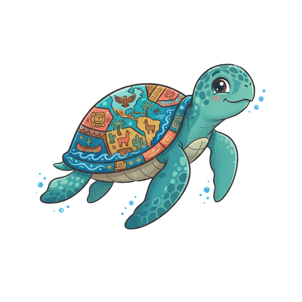 A cheerful sea turtle with a decorative, colorful shell swimming in water