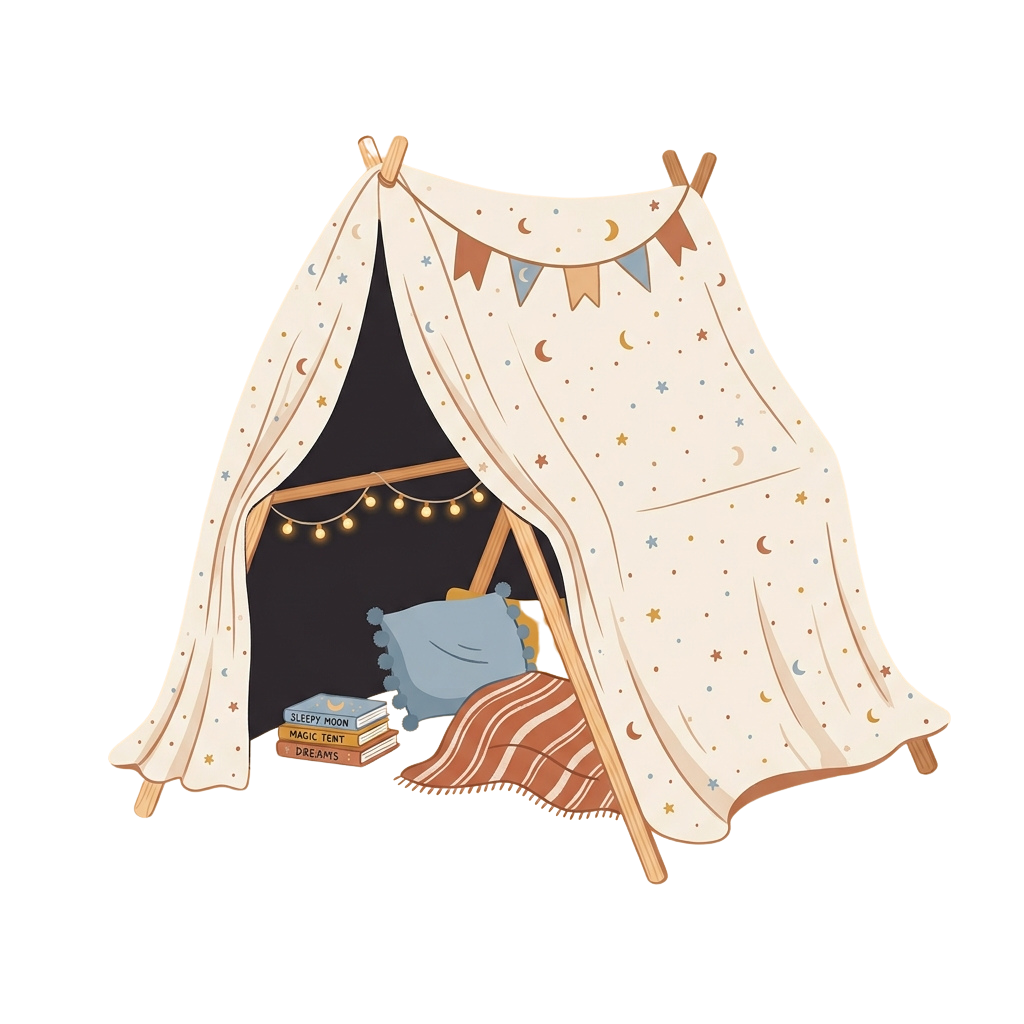 A child's tent decorated with stars and moons, featuring a stuffed blue creature and books inside.