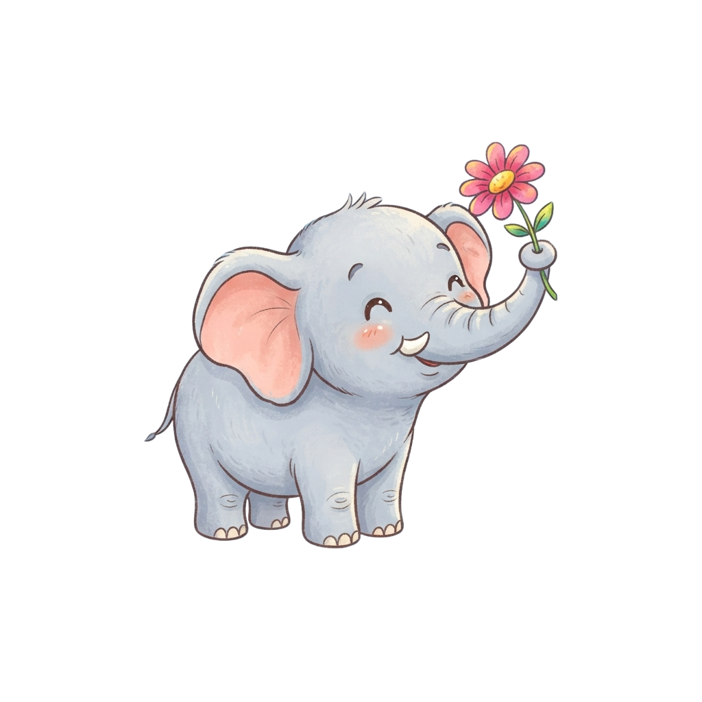 A smiling cartoon baby elephant holding a pink flower with green stem and leaves