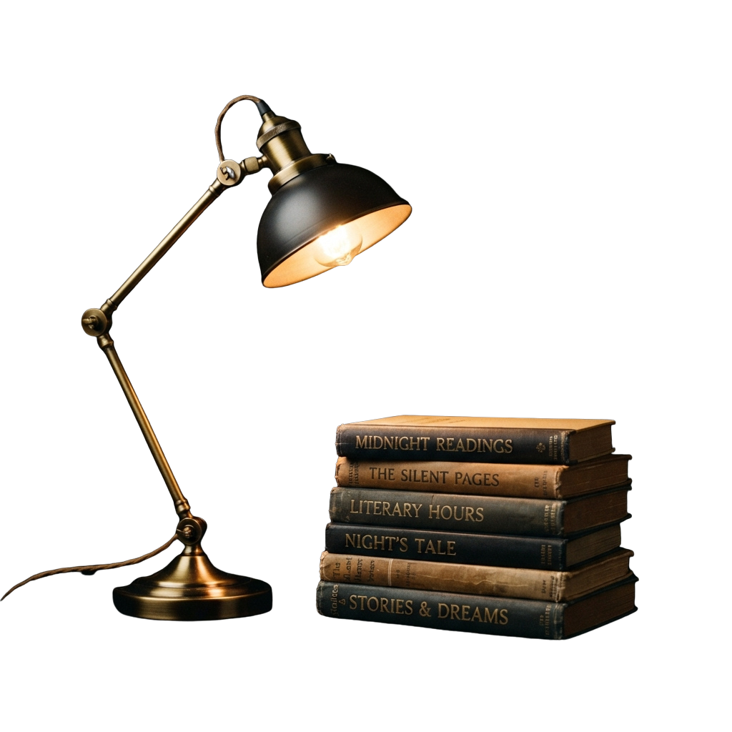 A vintage-style desk lamp illuminating a stack of books with titles like Midnight Readings and Literary Hours