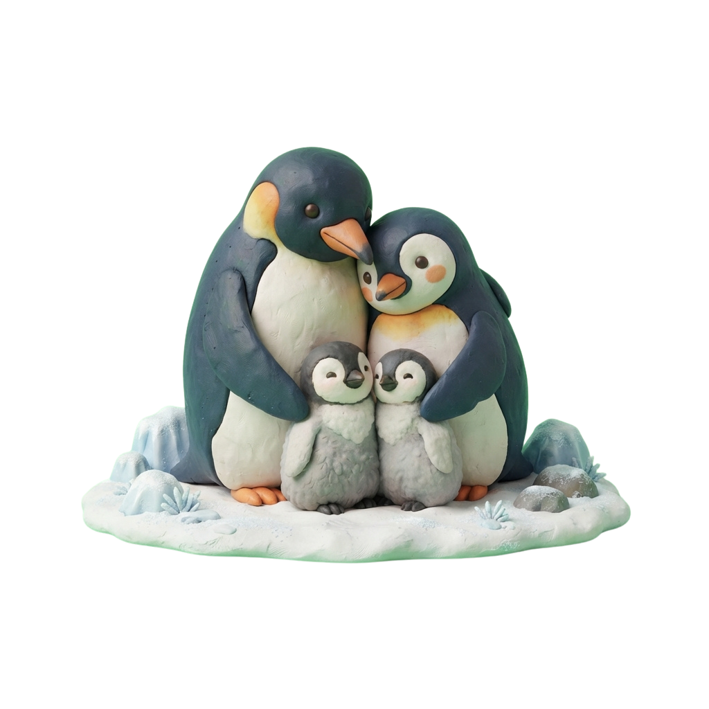 Three fondant penguins: one adult and two chicks, huddled together on a snowy base