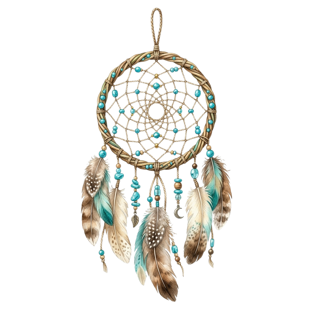 Dreamcatcher with woven web, turquoise beads, and light brown feathers hanging from strings