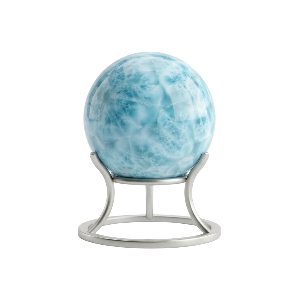 A decorative lamp featuring a glowing blue moon globe on a white metal stand