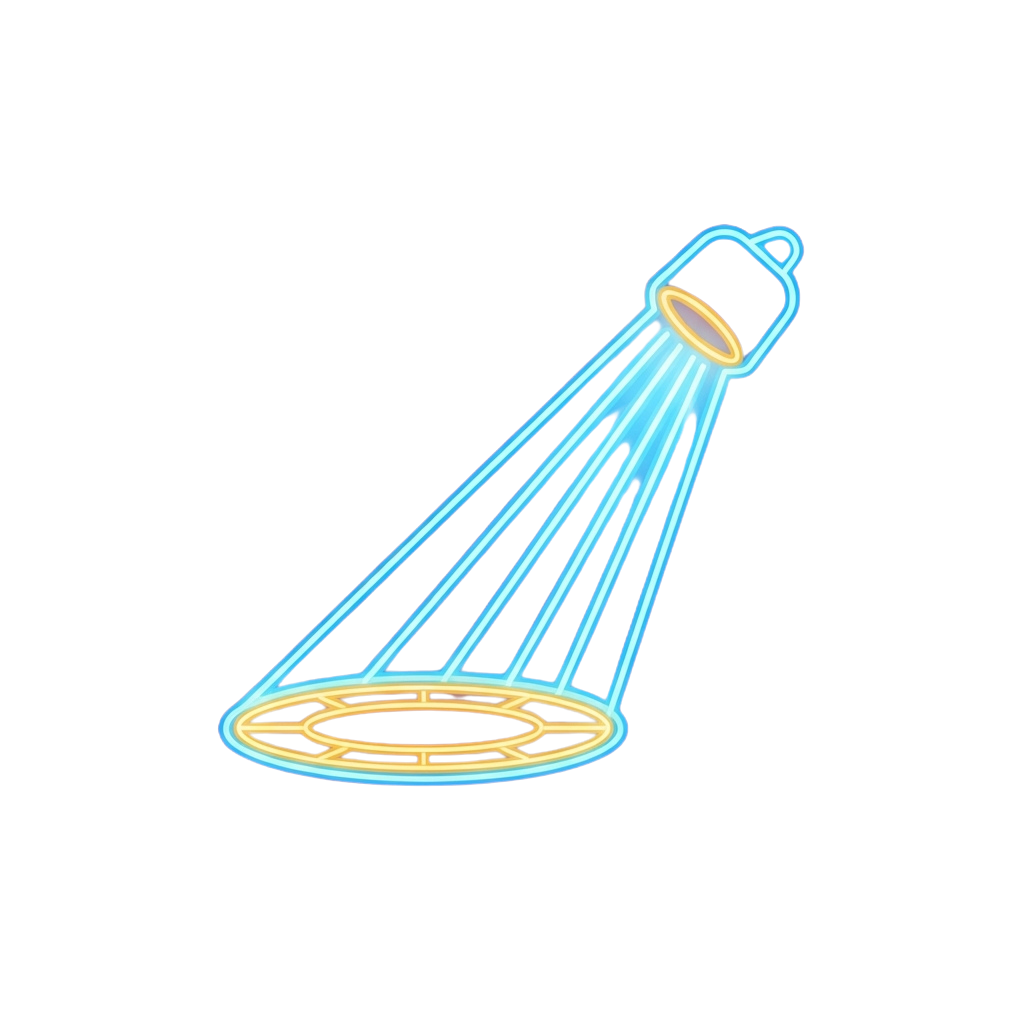 Illustration of a neon spotlight emitting a bright beam of light on a black background