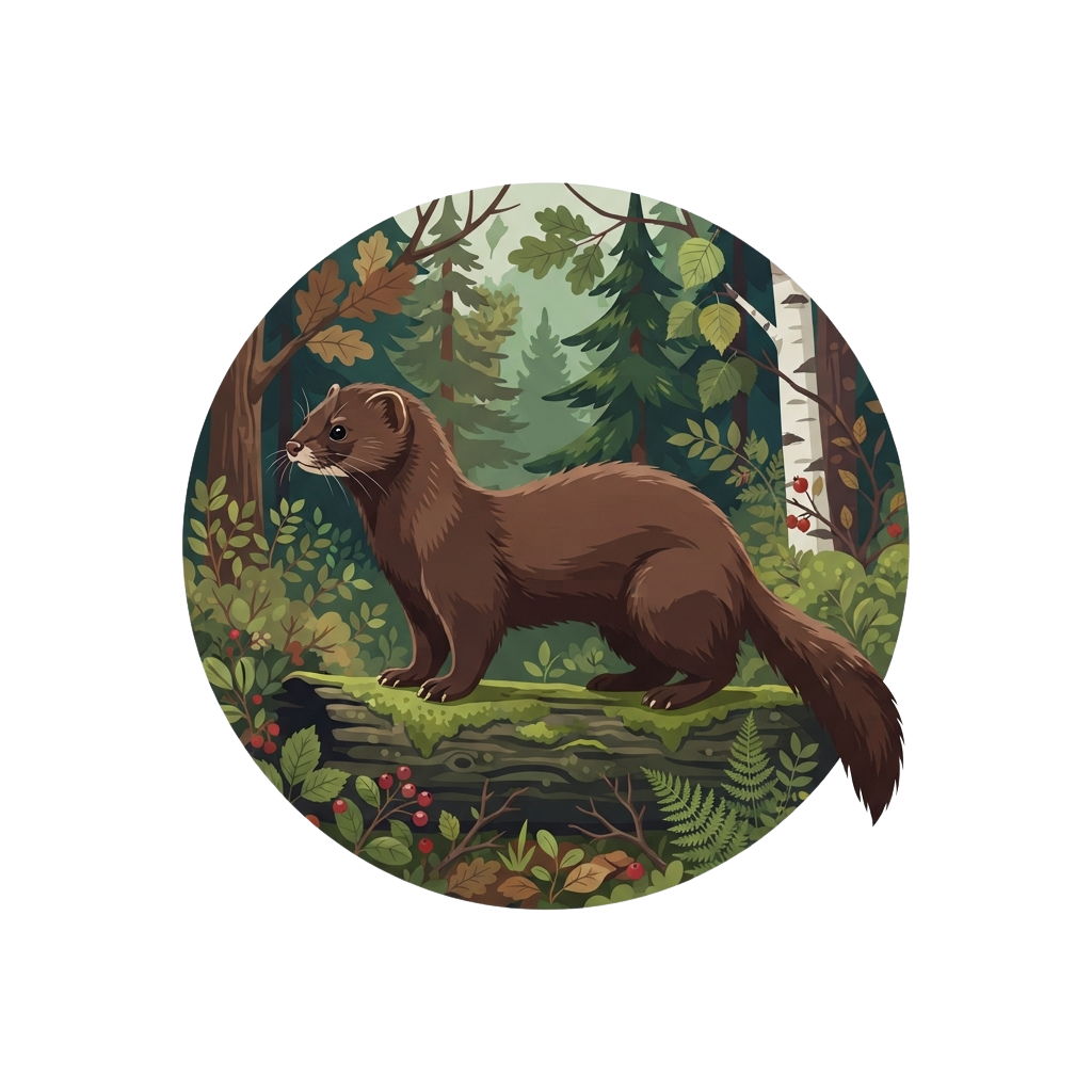 A brown European polecat standing on a mossy log in a lush green forest with trees and plants.