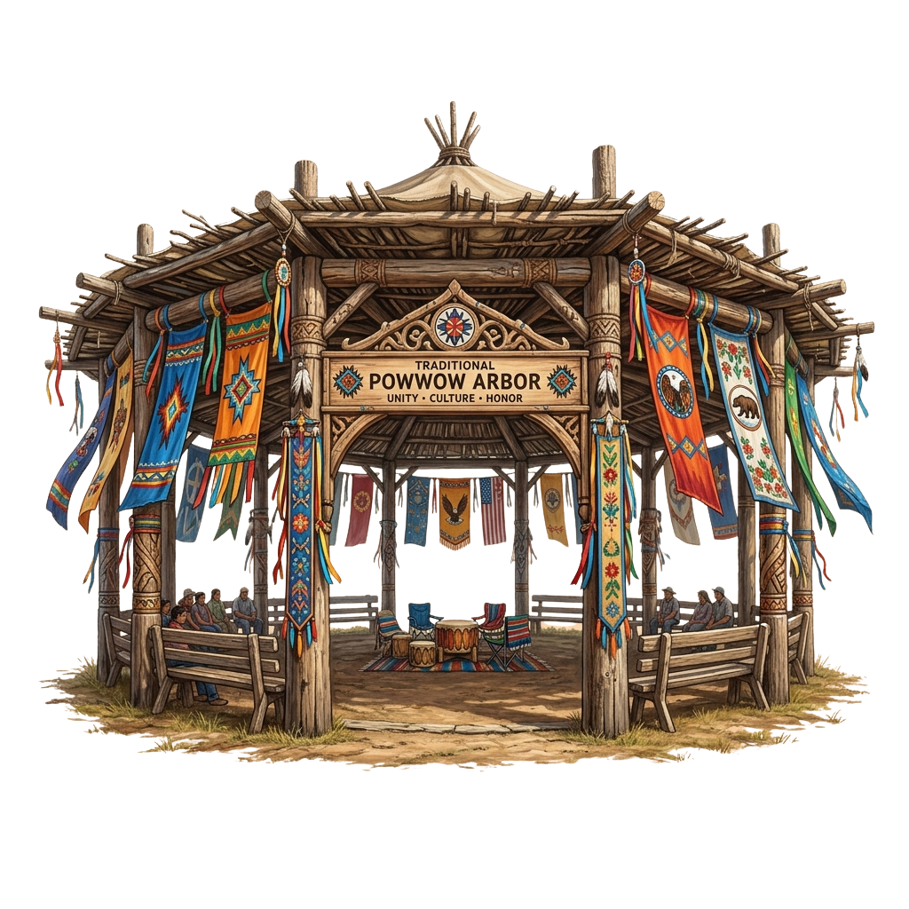 Illustration of a wooden powwow arbor decorated with colorful flags and banners, emphasizing unity, culture, and honor