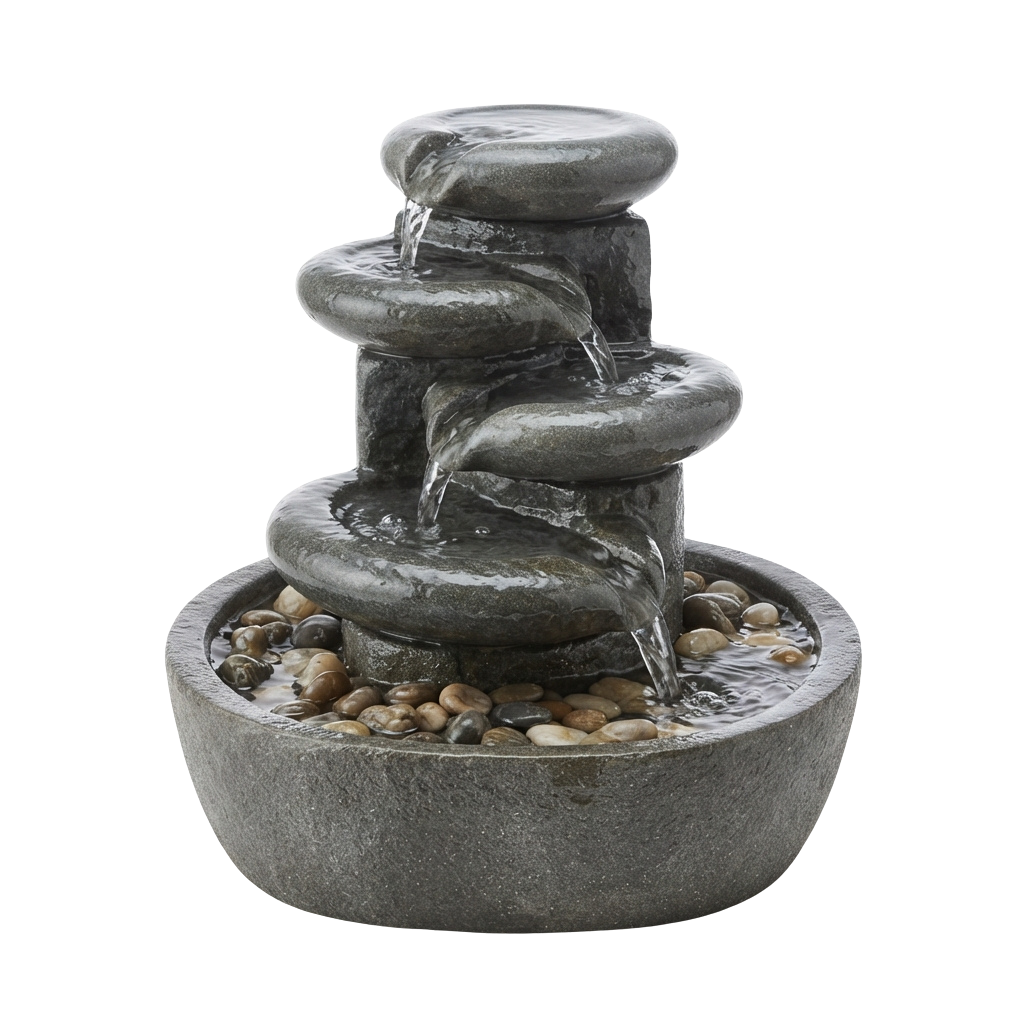 A multi-tiered stone water fountain with water cascading down each level into a base filled with smooth river rocks