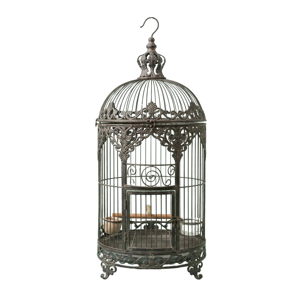 Elegant green metal birdcage style lantern with candles inside, hanging hook on top