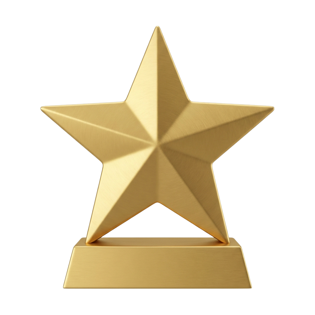 A shiny gold star-shaped trophy mounted on a rectangular base