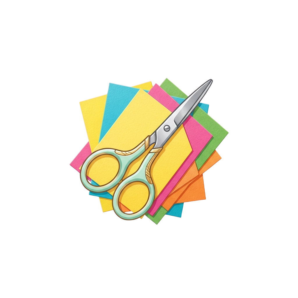 A pair of child safety scissors placed on top of a stack of colorful construction paper